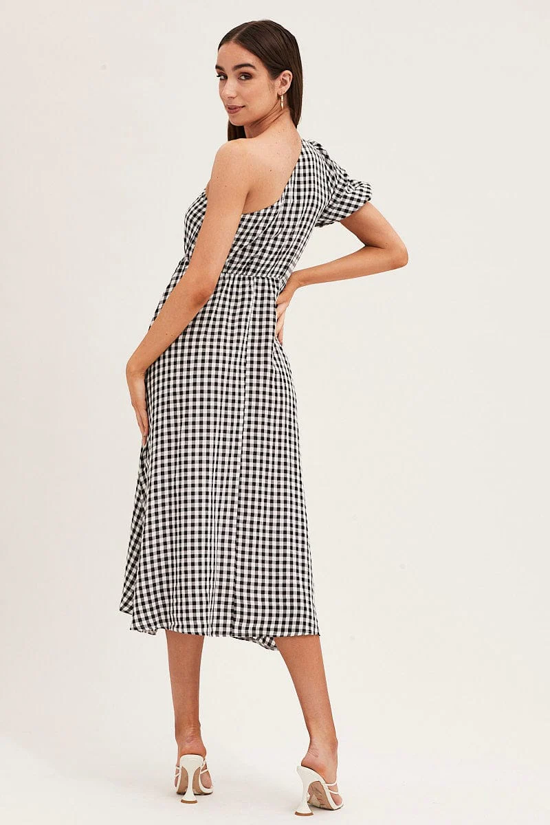 Stripe Check One Shoulder Midi Dress