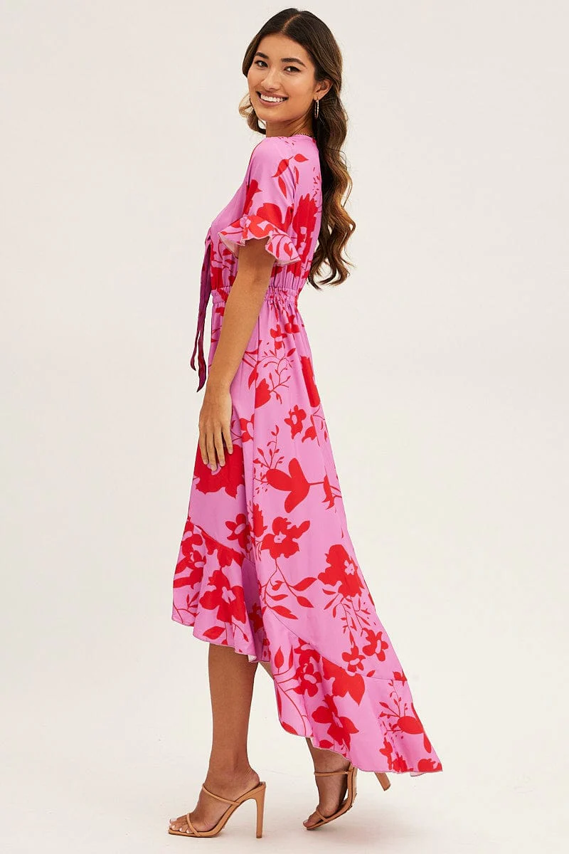 Pink Floral Tie Front Floral Midi Dress