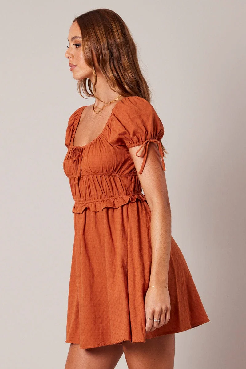 Brown Fit and Flare Dress Short Sleeve Textured