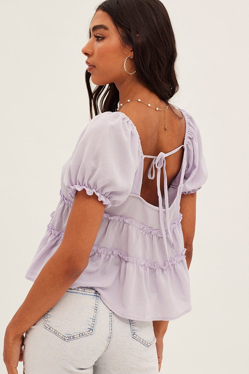 Lilac Ruffle V Neck Puff Sleeve Tiered Top