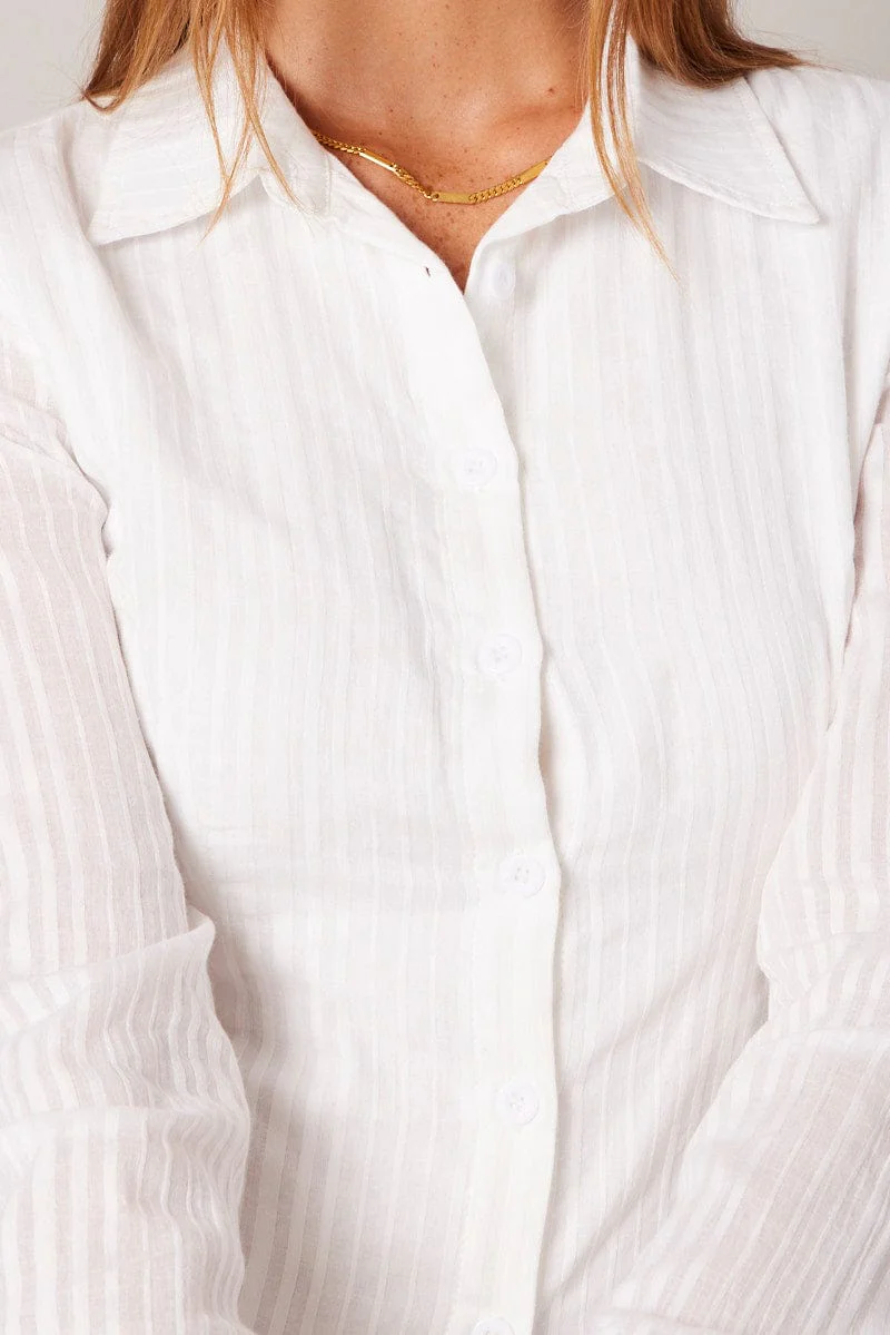 White Shirt Long Sleeve Self Stripe