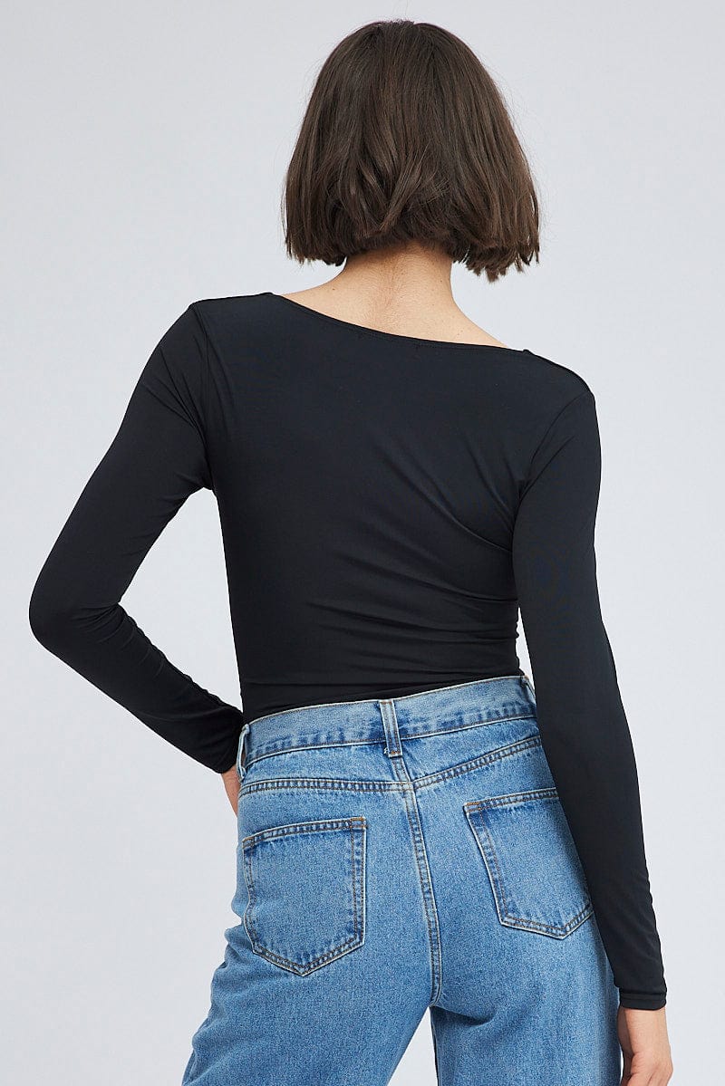 Black Bodysuit Long Sleeve Square Neck Ruched Nylon