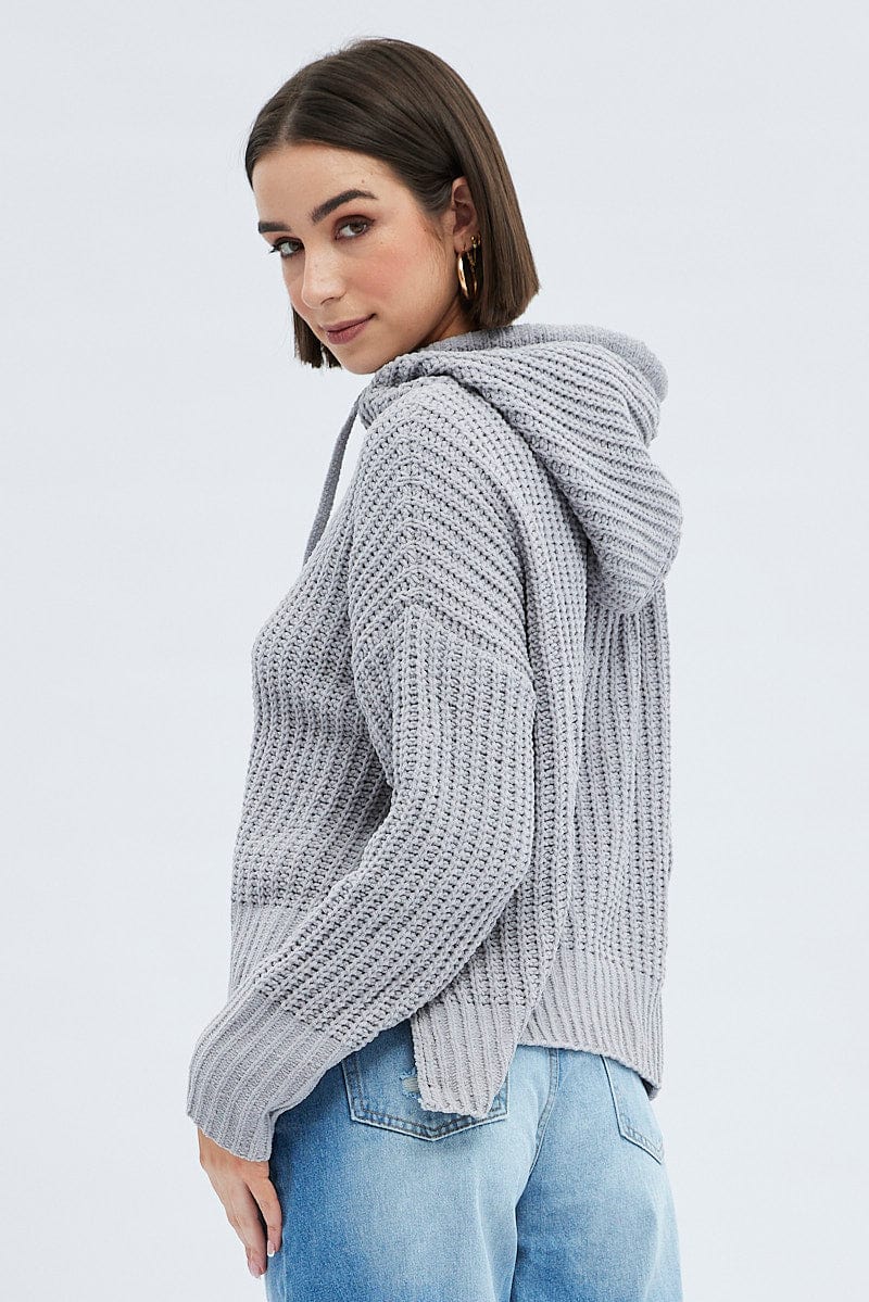 Grey Knit Top Long Sleeve Hoodie