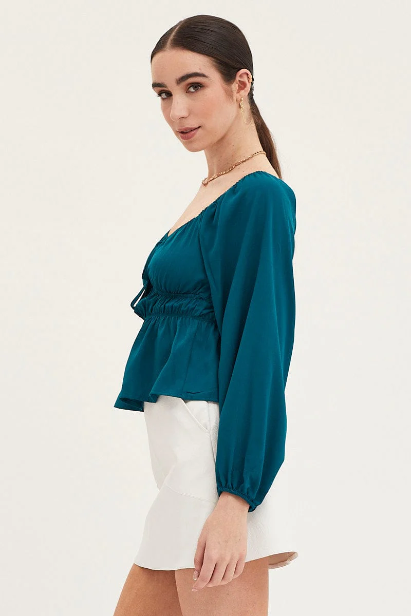 Blue Peplum Top Long Sleeve Ruched Front