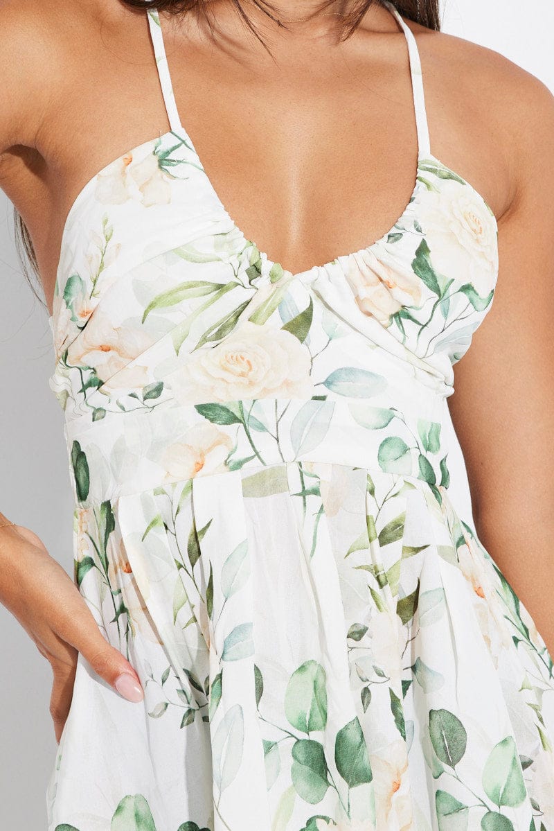 White Floral Ruched Skater Dress Strappy  Gathered Swishy Dress