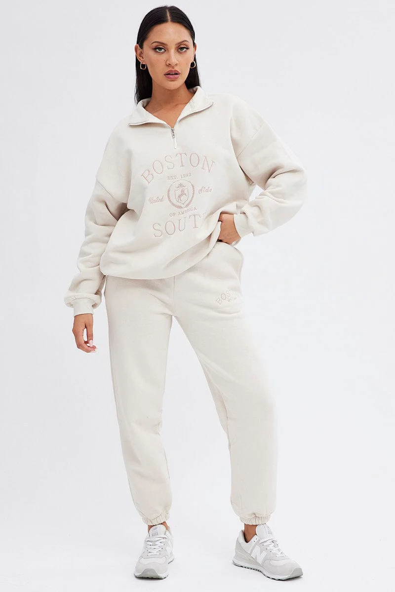 Beige Track Pants High Rise Jogger