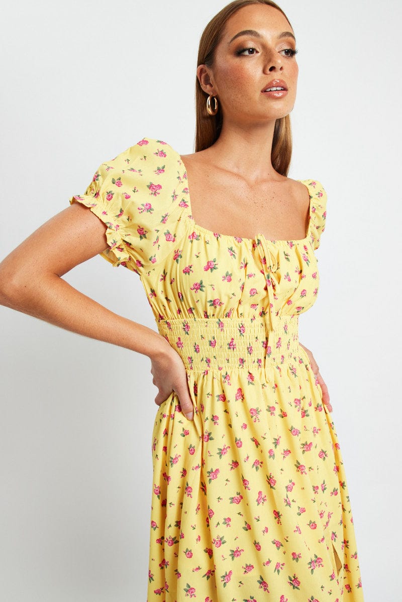 Yellow Floral Midi Dress Short Sleeve Ruched Bust