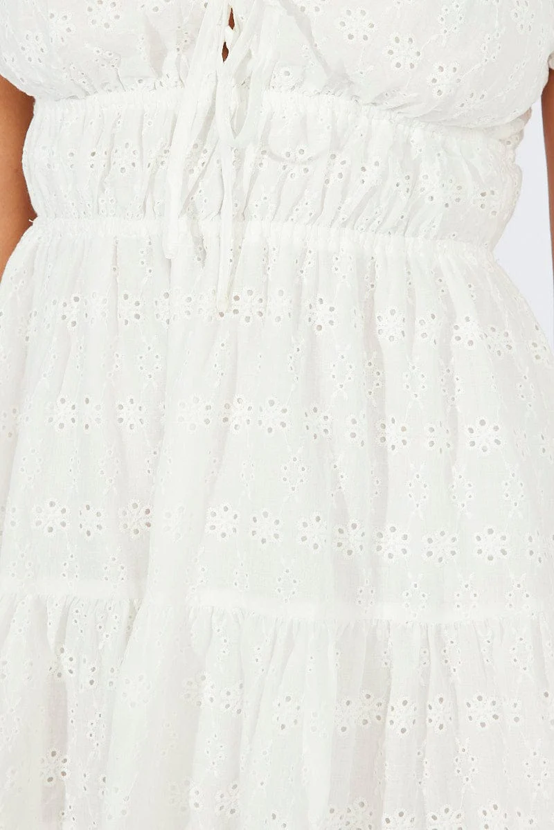 White Fit and Flare Dress Short Sleeve Broidery