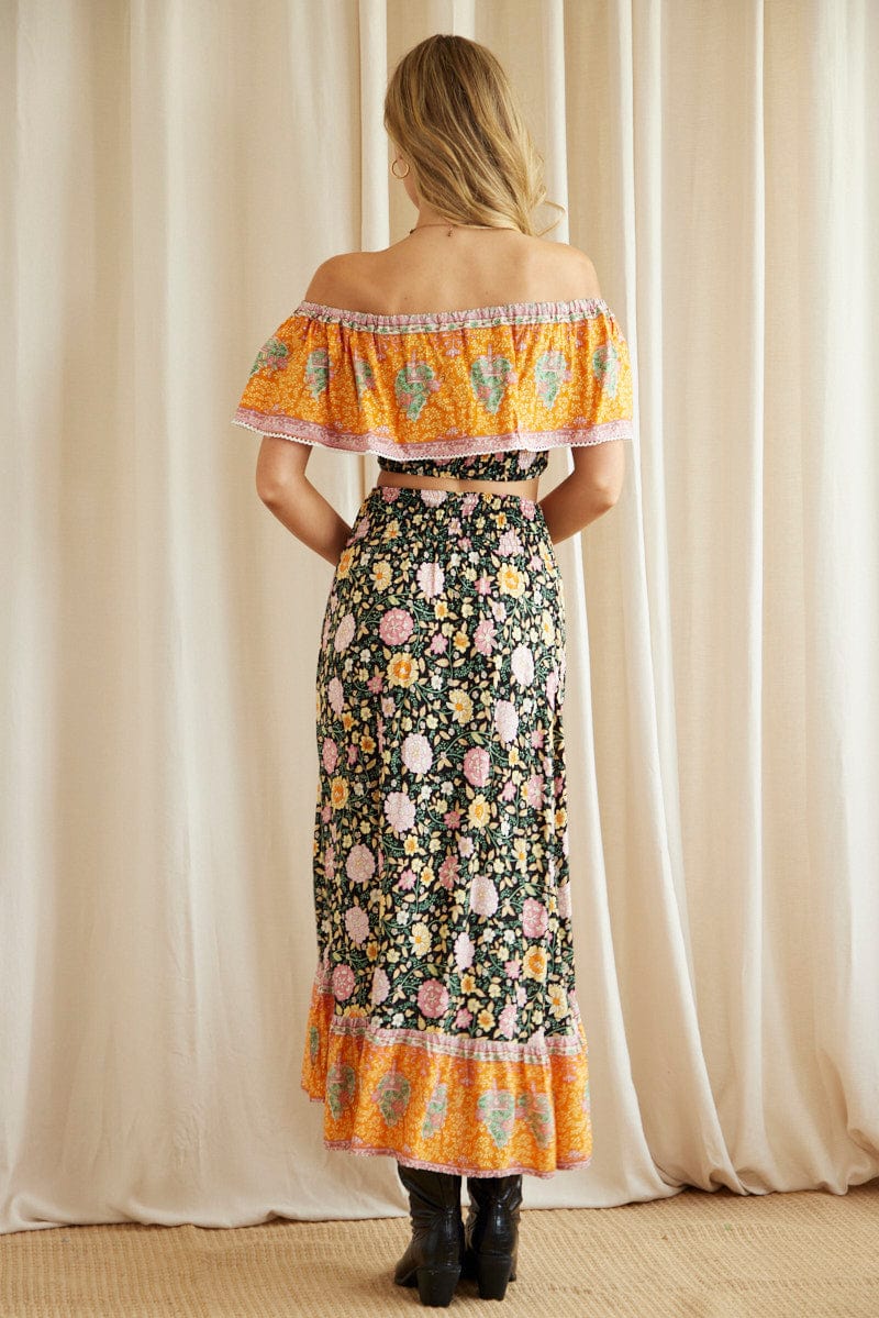 Boho Print High-Low Button Front Midi Skirt
