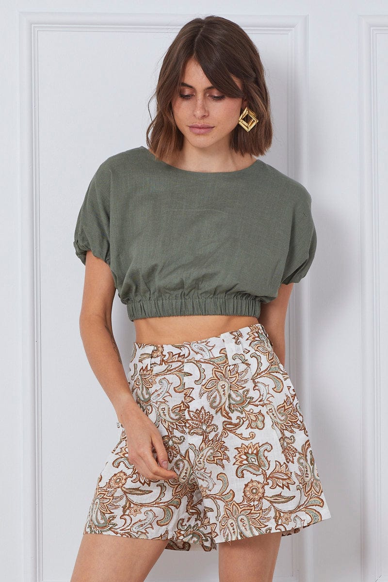 Print Pleated Shorts High Rise Linen