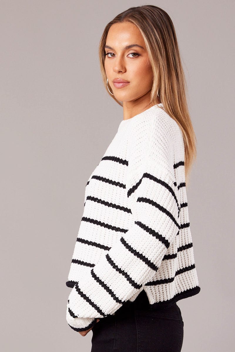 White Stripe Knit Top Long Sleeve Chenille
