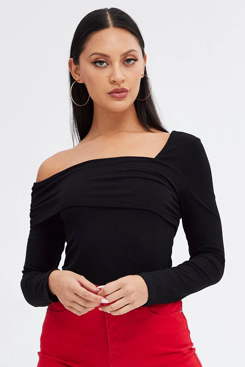 Black Top One Shoulder Long Sleeve Rib