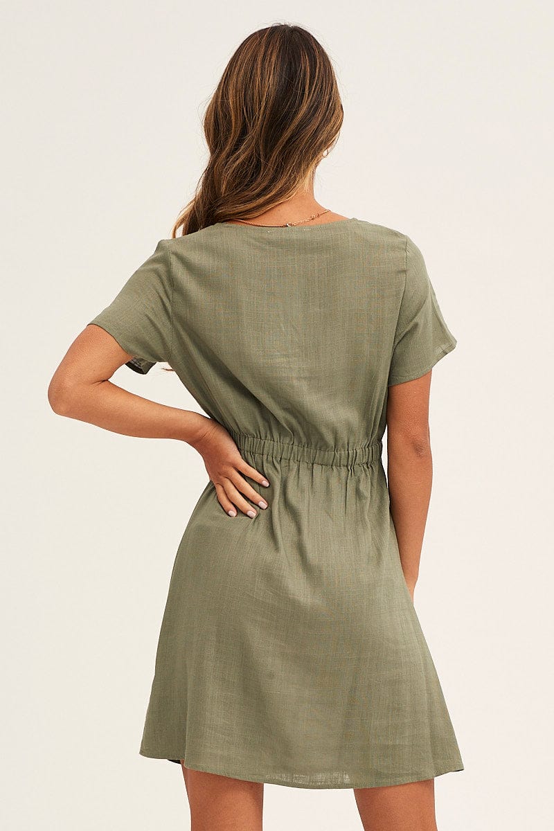 Green A Line Dress Button Front V Neck Short Sleeve