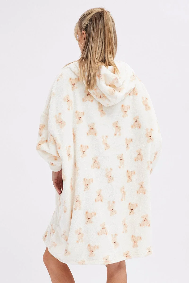 Print Teddy Bear Fluffy Cosy Blanket Hoodie PJ