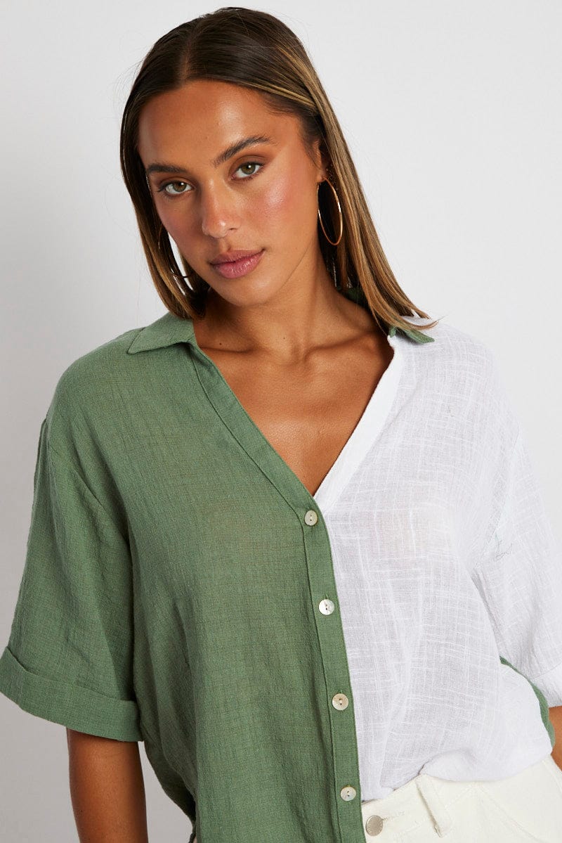 Green Colour Block Shirt Half Sleeve Relaxed