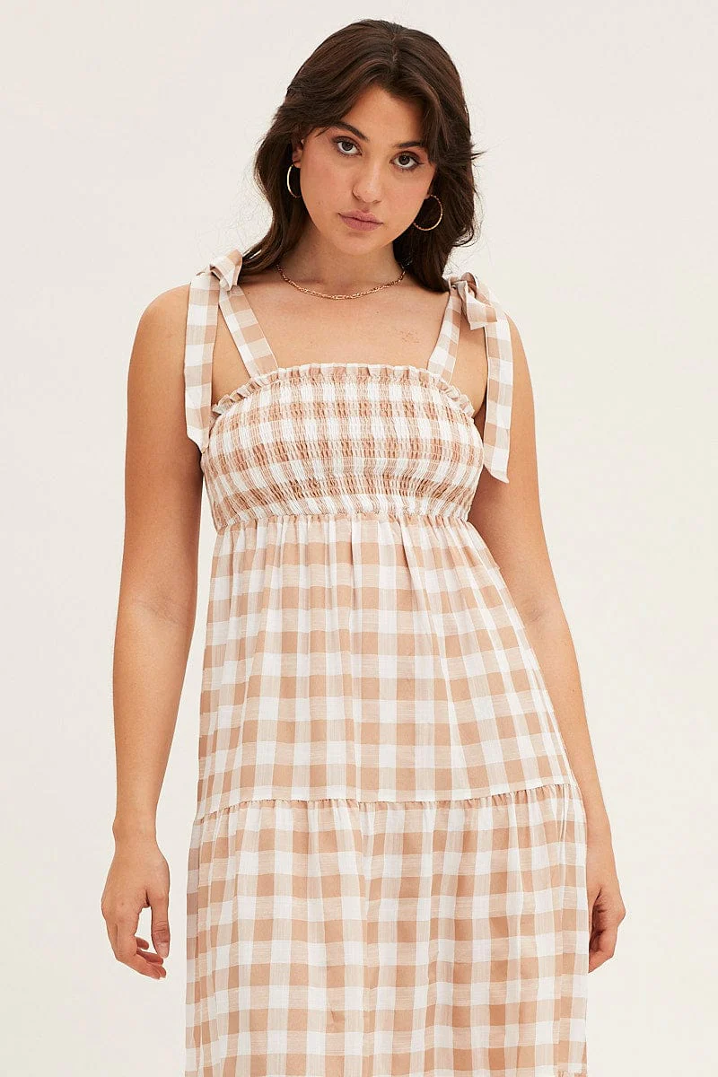 Check Tied Shoulder Midi Dress