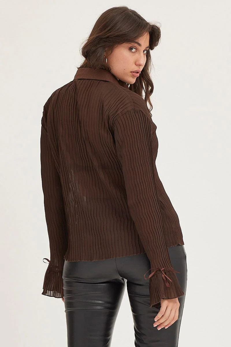 Brown Pleated Shirt Long Flare Sleeve