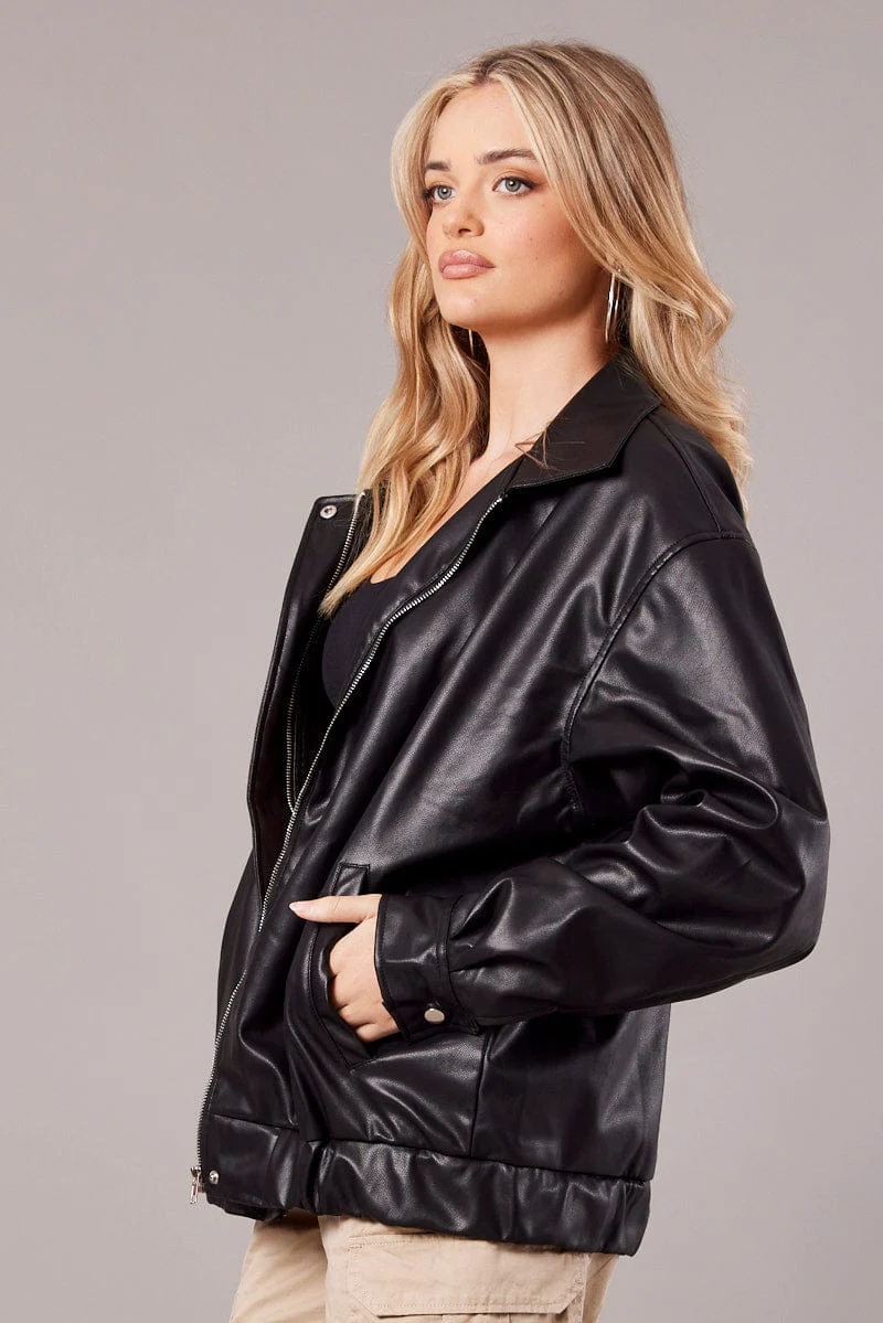 Black Faux Leather Oversized Jacket
