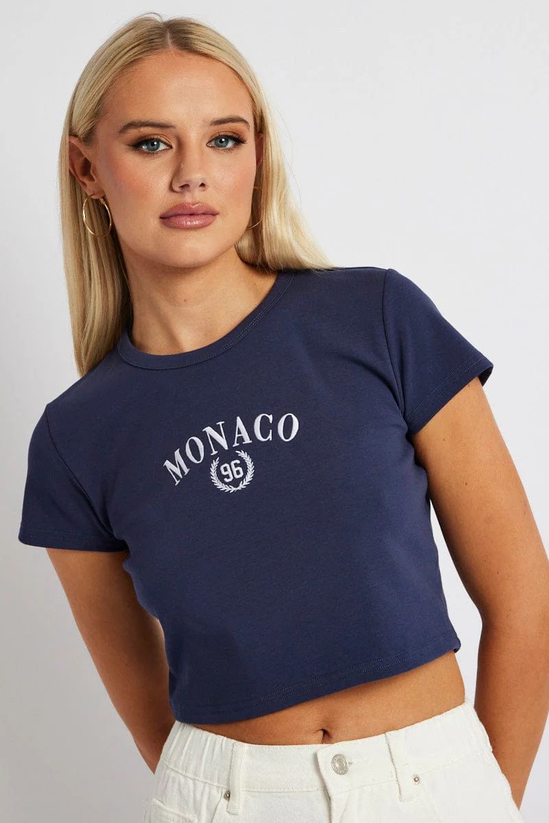 Blue Graphic Tee Crop Short Sleeve