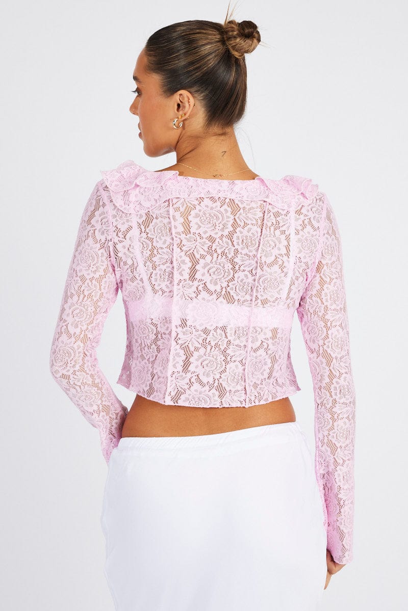 Pink Lace Tie Up Top Long Sleeve