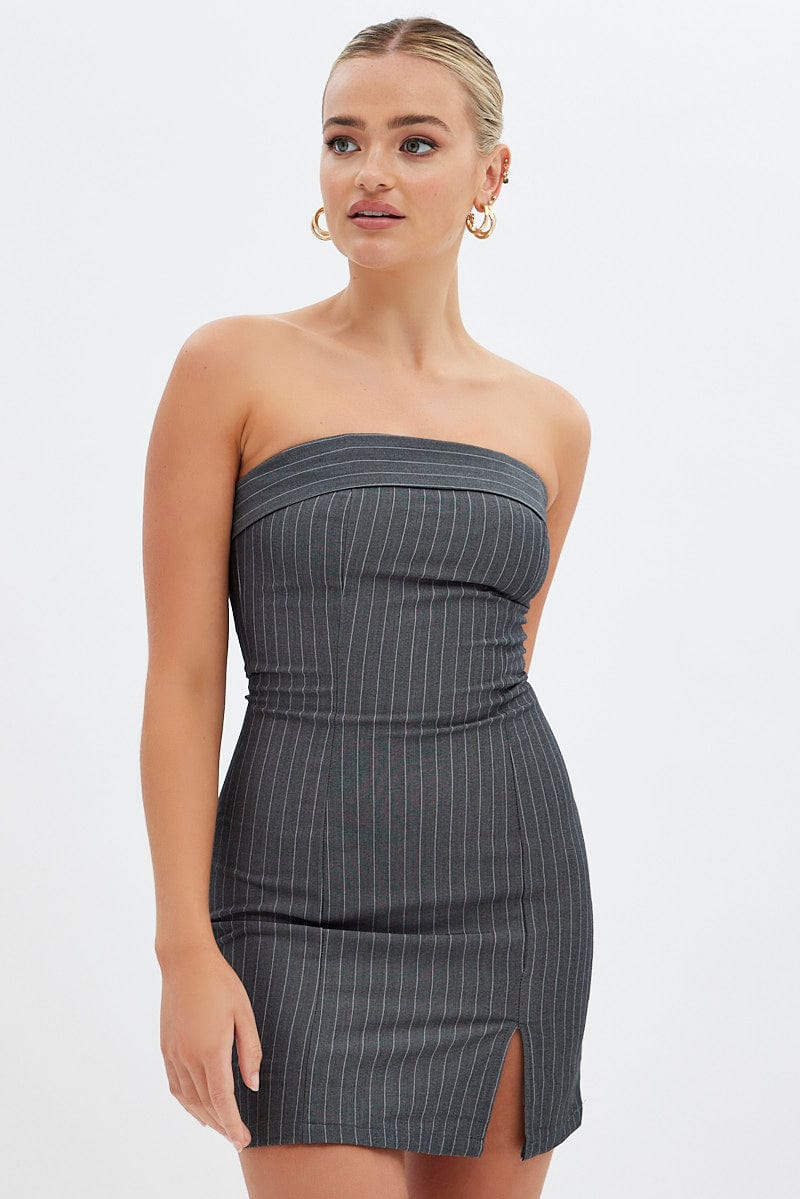 Grey Stripe Bodycon Dress Strapless Boob Tube Mini