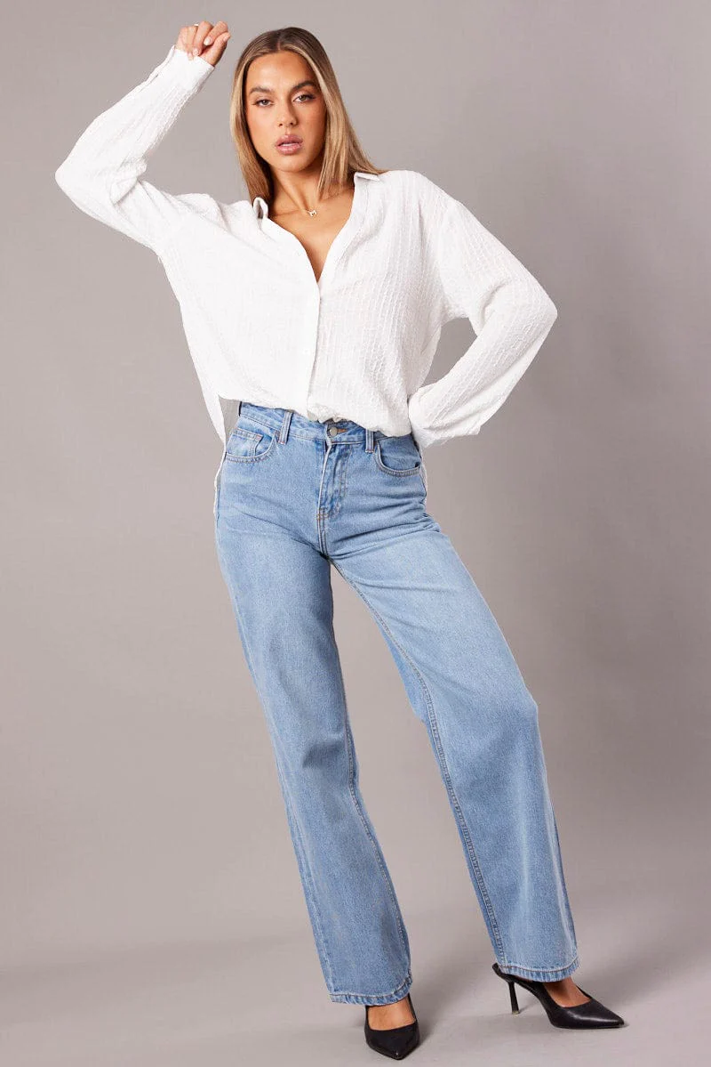 White Relaxed Shirt Long Sleeve Textured