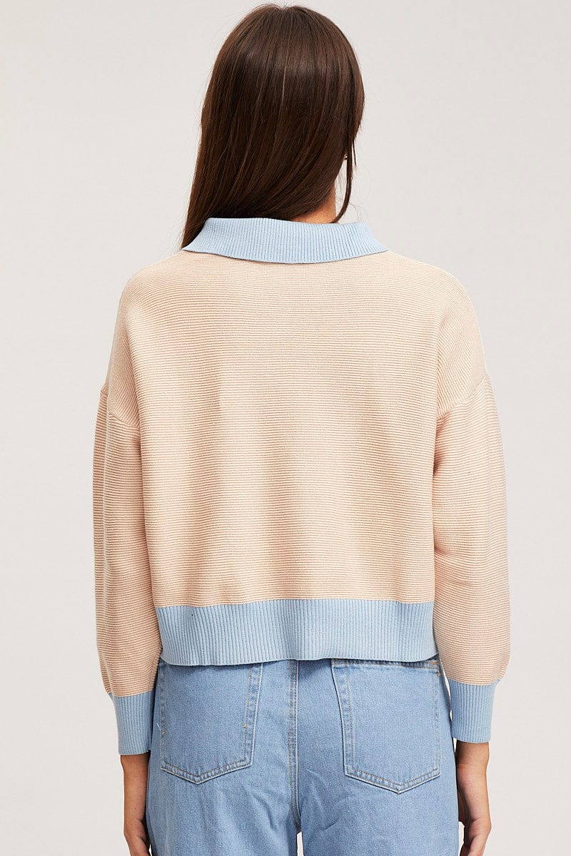 Beige Knit Top Long Sleeve Collared