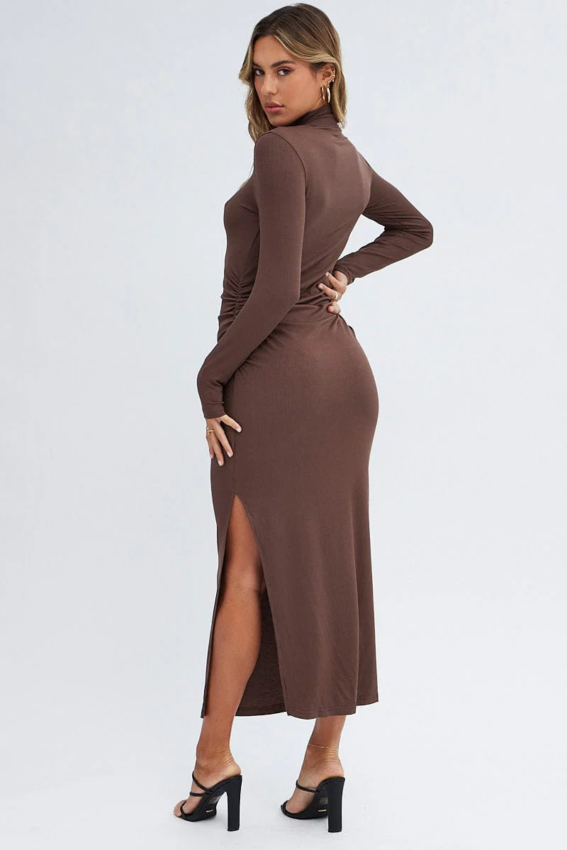 Brown Midi Dress Long Sleeve High Neck Rib Jersey