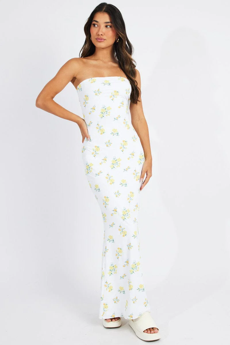 White Floral Bandeau Maxi Dress Bouquet Flower Dress