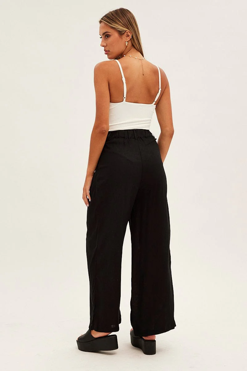 Black Wide Leg Pants High Rise Linen Blend