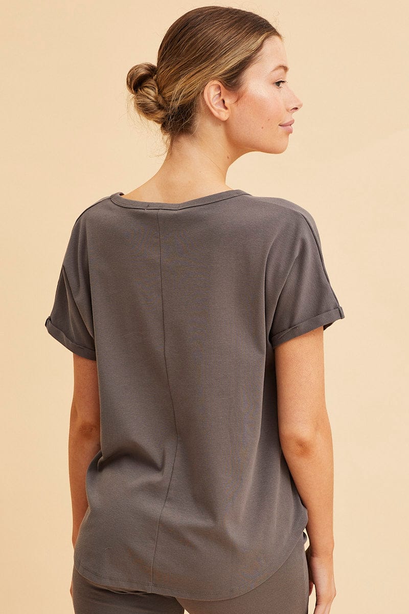 Grey Pocket Tee Scoop Neck Cotton Stretch Short Sleeve