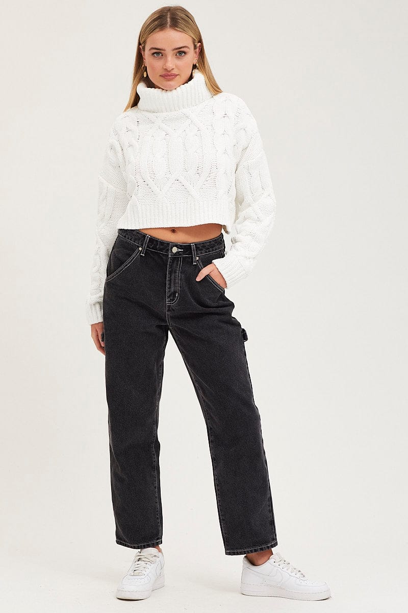 White Knit Top Long Sleeve Crop Turtleneck