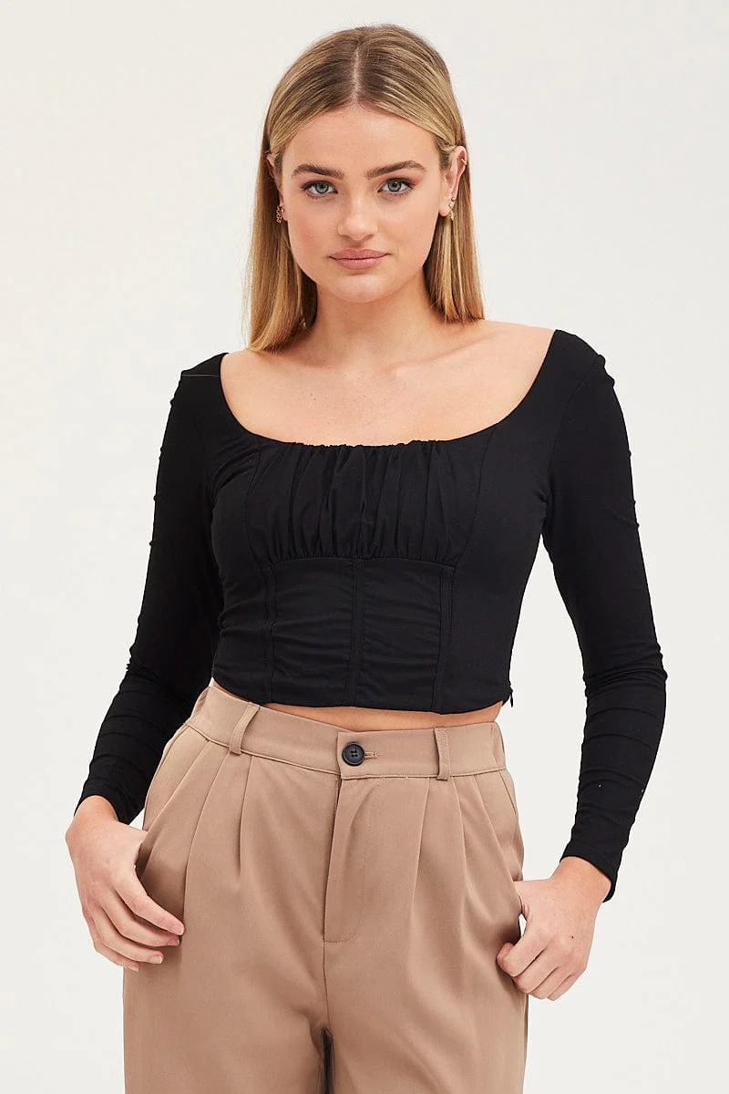 Black Top Long Sleeve Gathered Bust