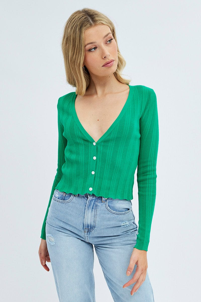Green Long Sleeve Rib Knit Cardigan