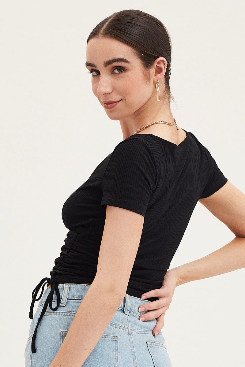 Black Top Drawstring Wrap Neck