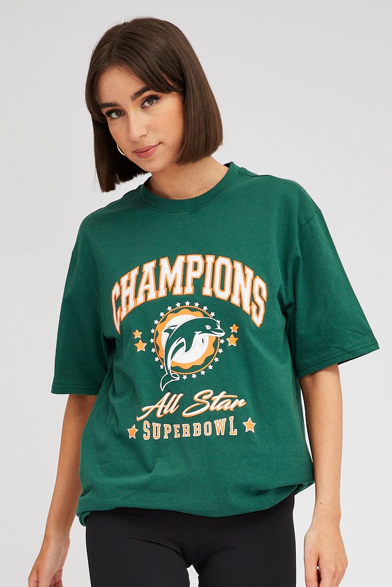 Green Graphic Tee Short Sleeve Oversized Round Neck