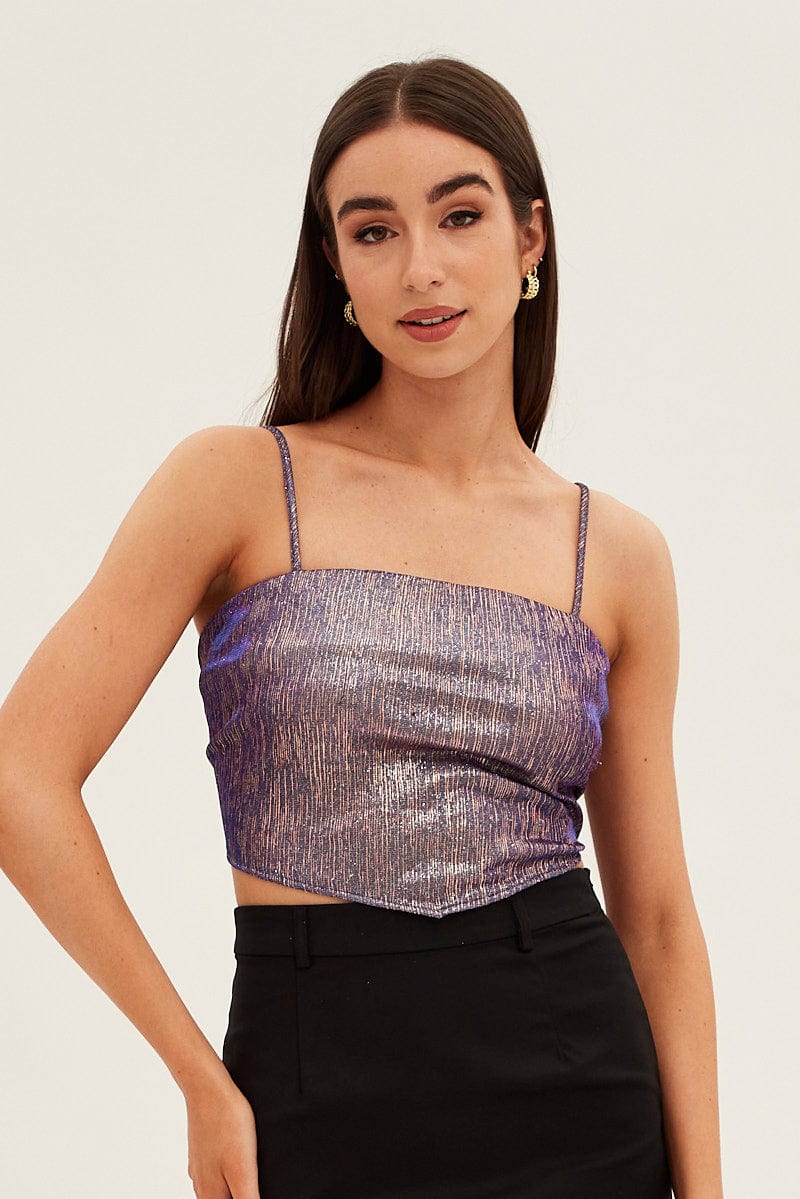 Purple Party Top Sleeveless Crop Scarf Hem Sparkly