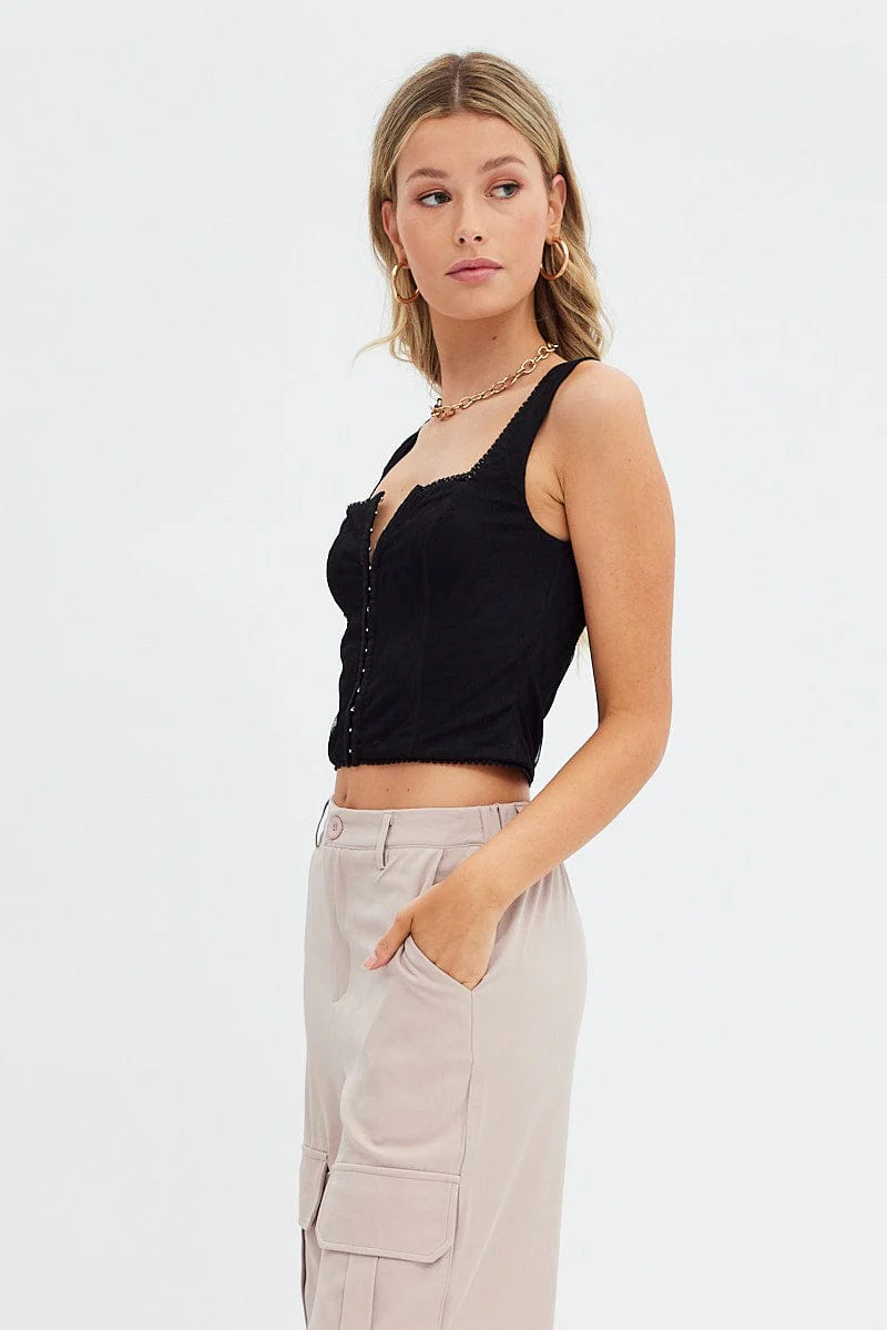 Black Singlet Sleeveless Scoop Neck Bustier Hook & Eye