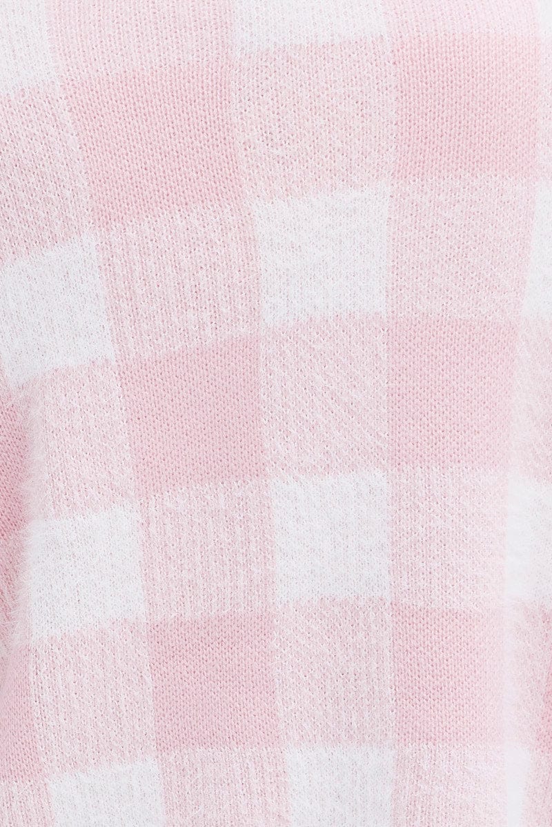 Pink Check Crop Knit Cardigan Check