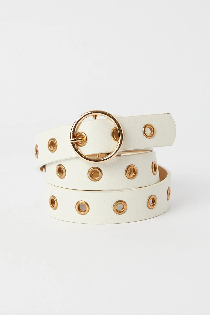 White Circle Buckle Belt with Eyelet Detail