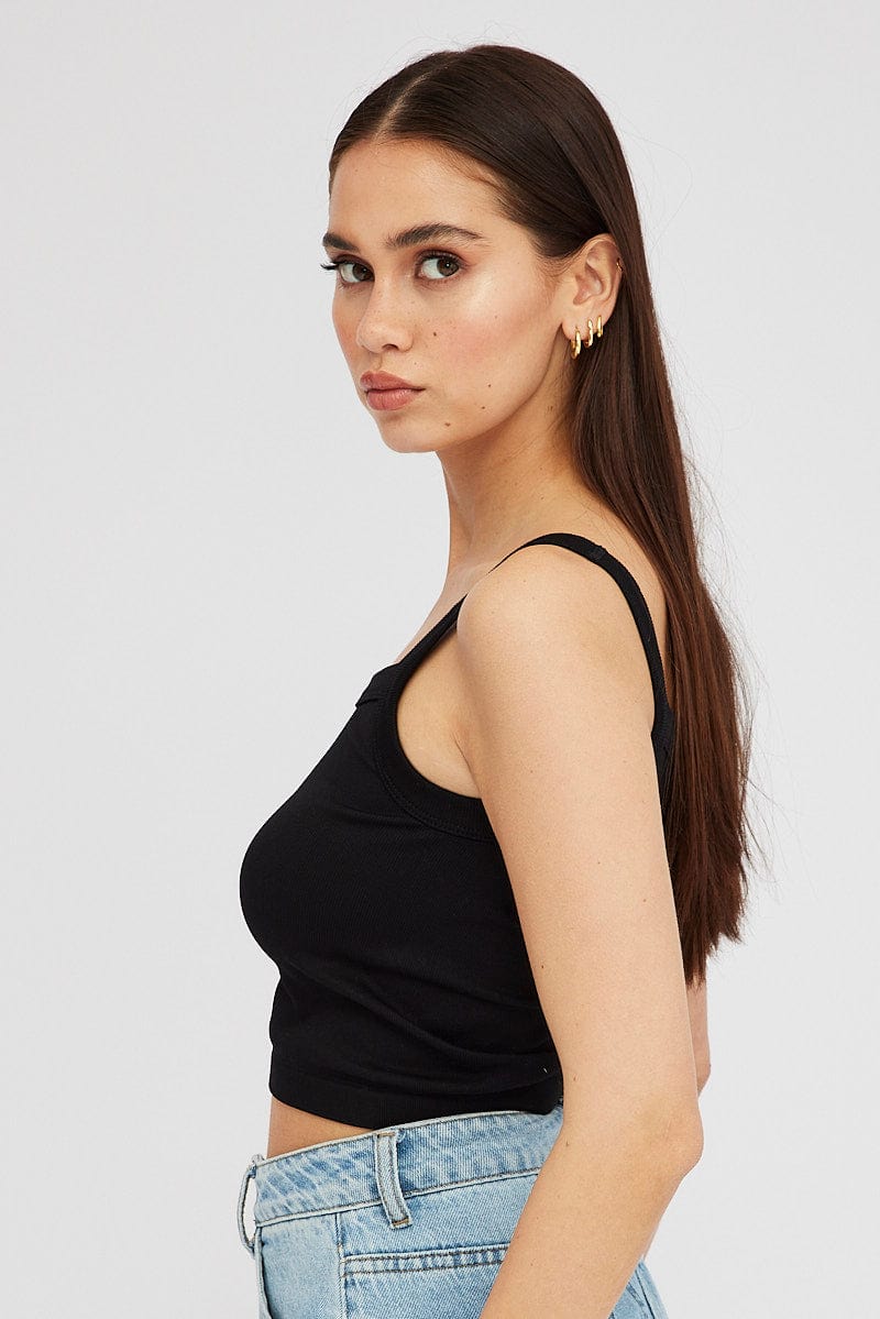 Black Singlet Top Round Neck Seamles