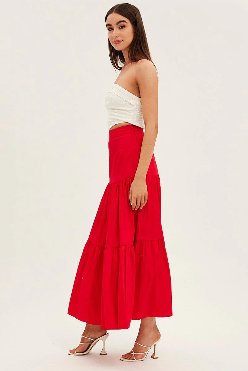 Red Maxi Skirt High Rise Tiered