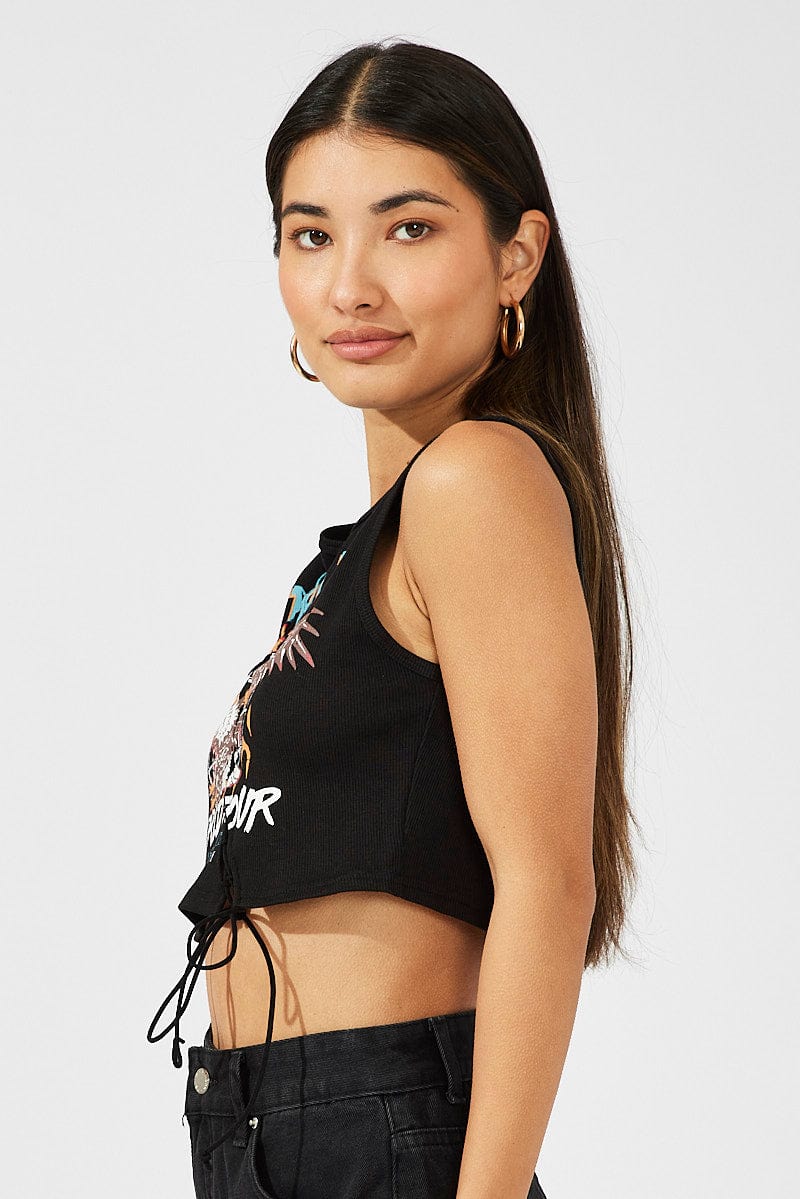 Black Graphic Top Sleeveless Tie up
