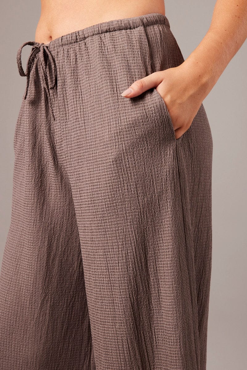Brown Wide Leg Pants High Rise Textured Fabric