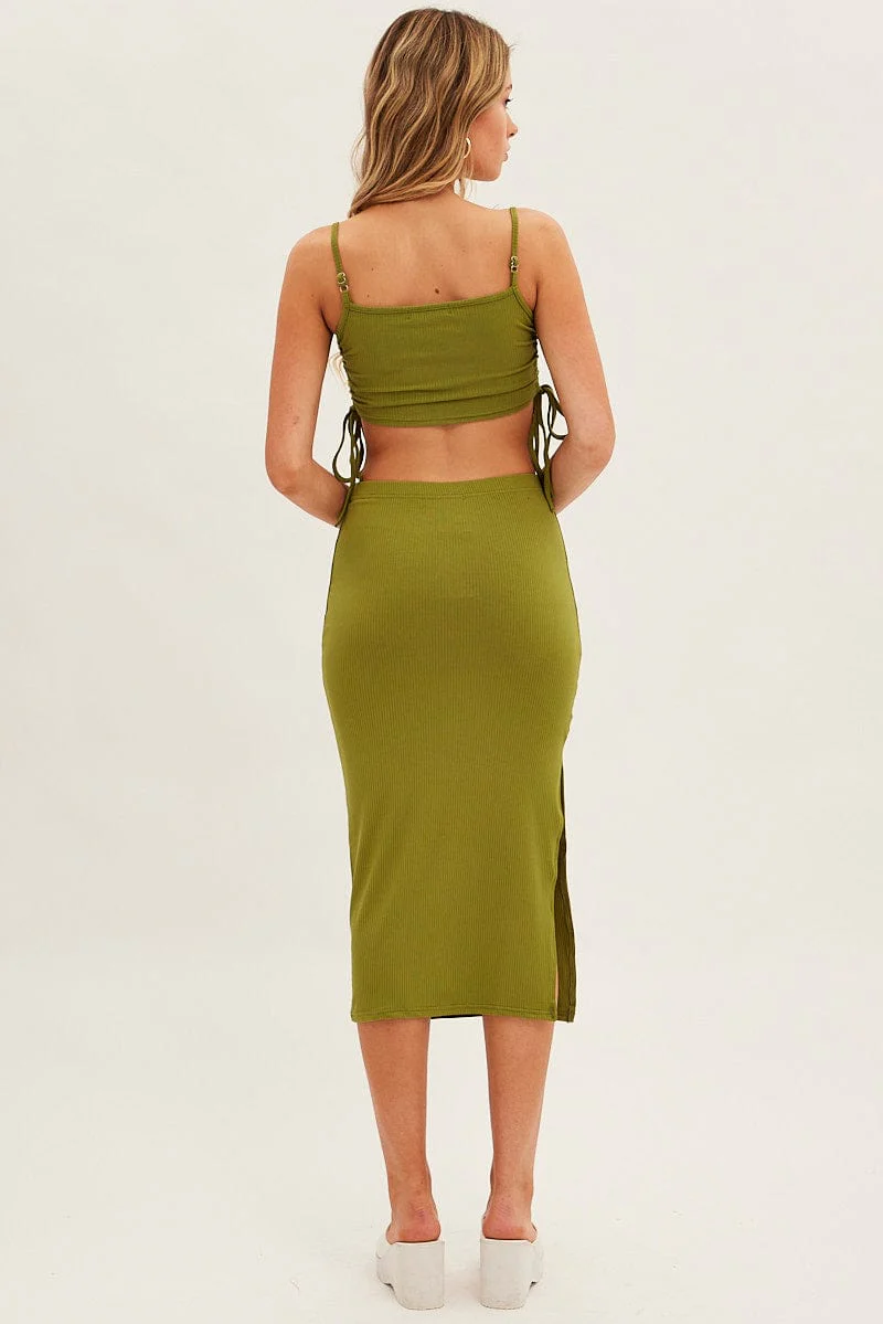 Green Midi Skirt Rib Jersey Side Slit Midi