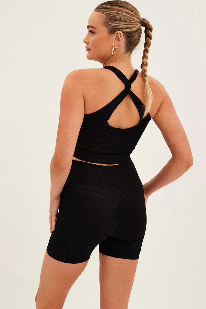 Black Seamless Halter Top And Bike Shorts Activewear Set