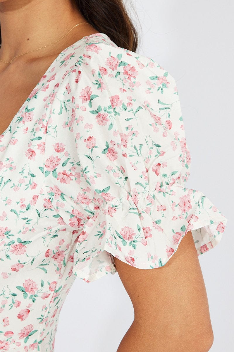 White Floral Midi Dress Puff Sleeve