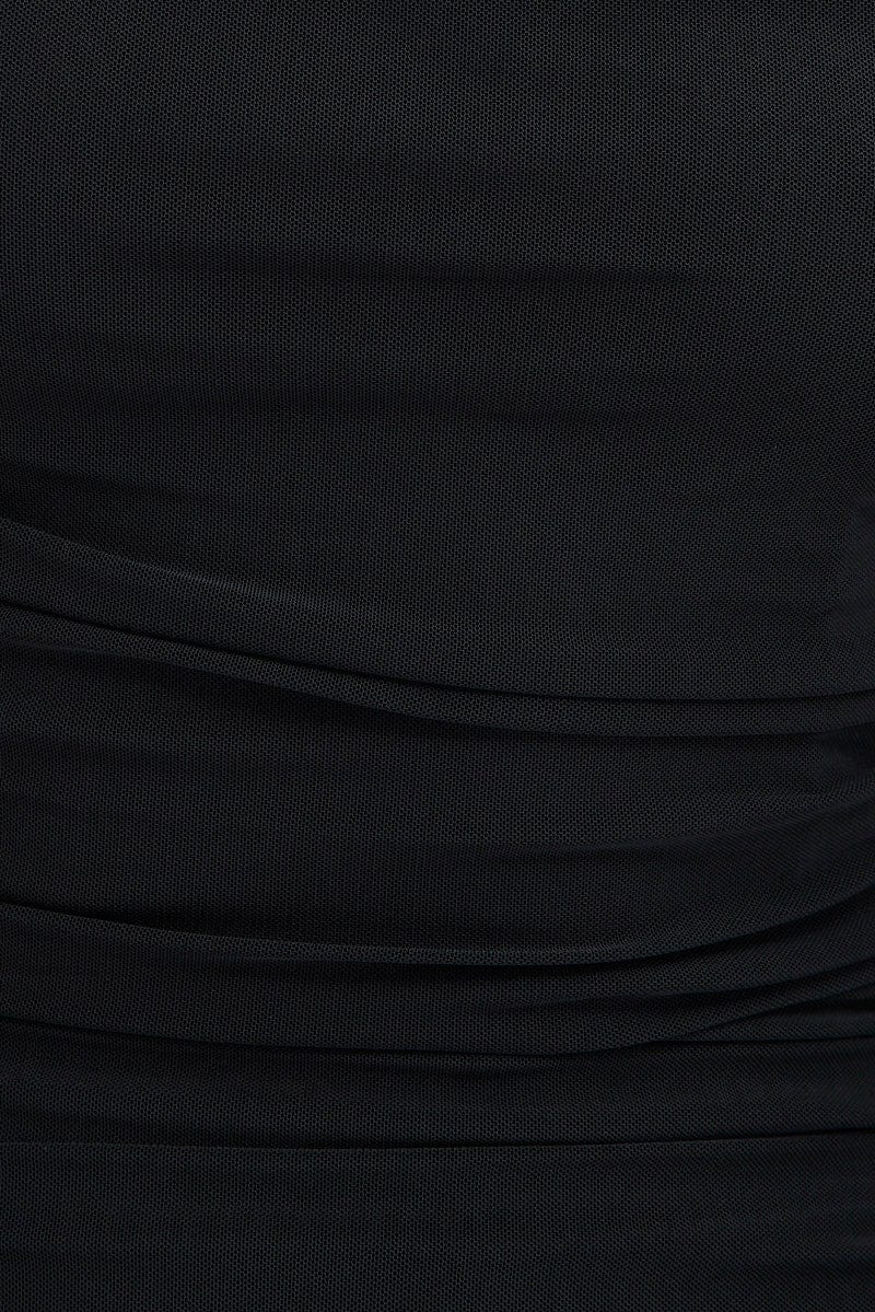 Black Bodycon Dress Ruched Midi Mesh