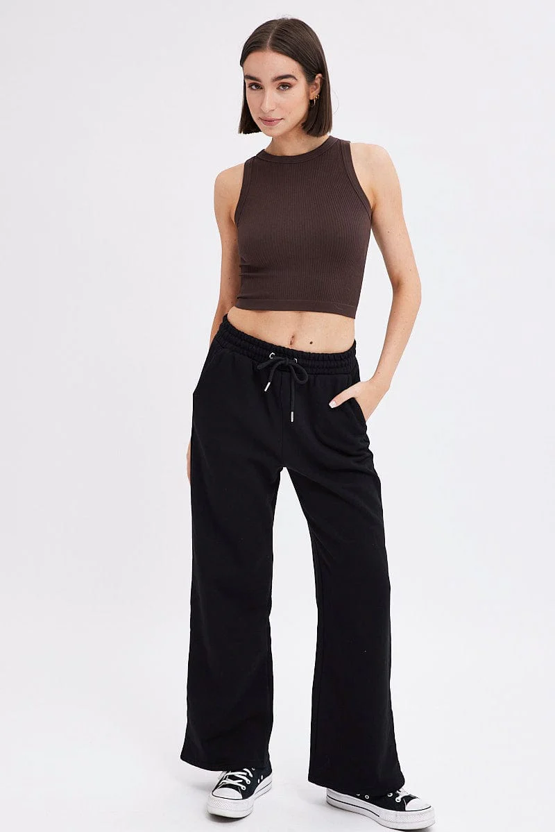 Black Wide Leg Track Pants High Rise