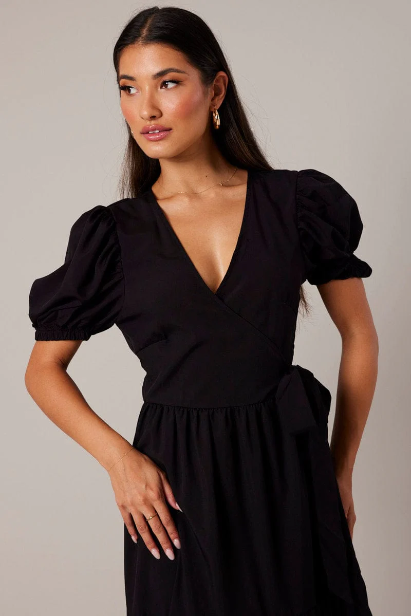 Black Puff Sleeve Maxi Dress Wrap Tiered Dress